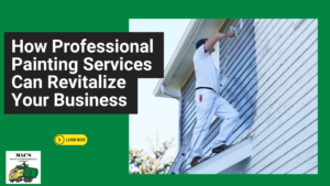 A professional painter paints an office exterior on the left and the blog title with a &ldquo;Learn More&rdquo; button on the right.